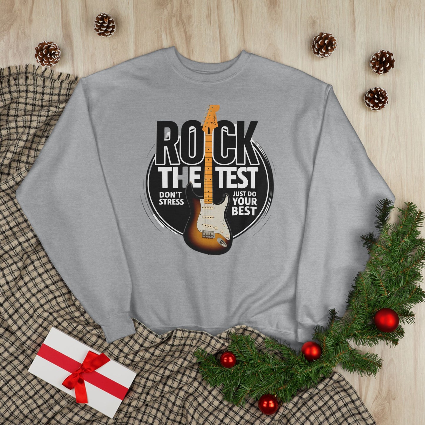Sweatshirt: Rock the Test, Don't Stress - Eco-Friendly Unisex Crewneck