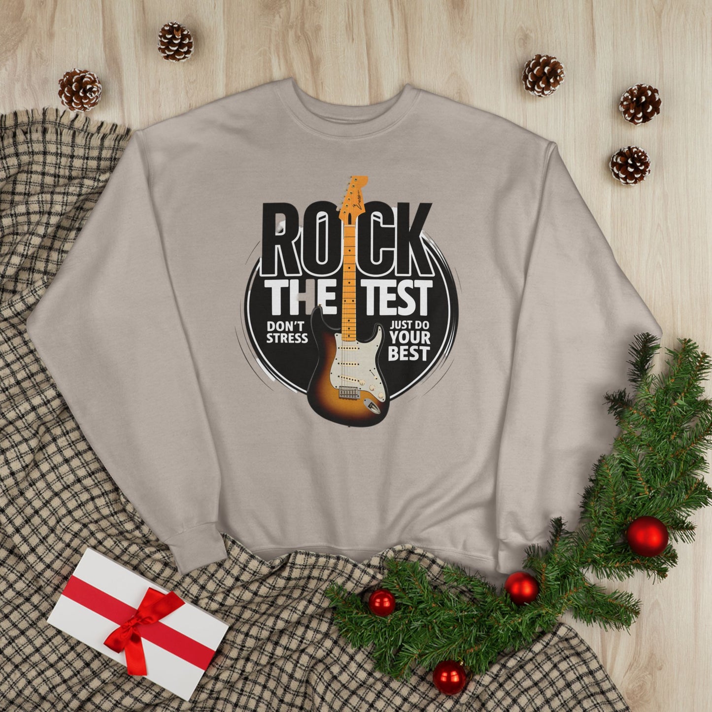 Sweatshirt: Rock the Test, Don't Stress - Eco-Friendly Unisex Crewneck