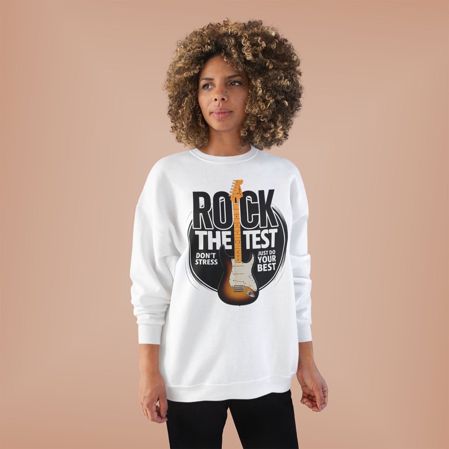 Sweatshirt: Rock the Test, Don't Stress - Eco-Friendly Unisex Crewneck