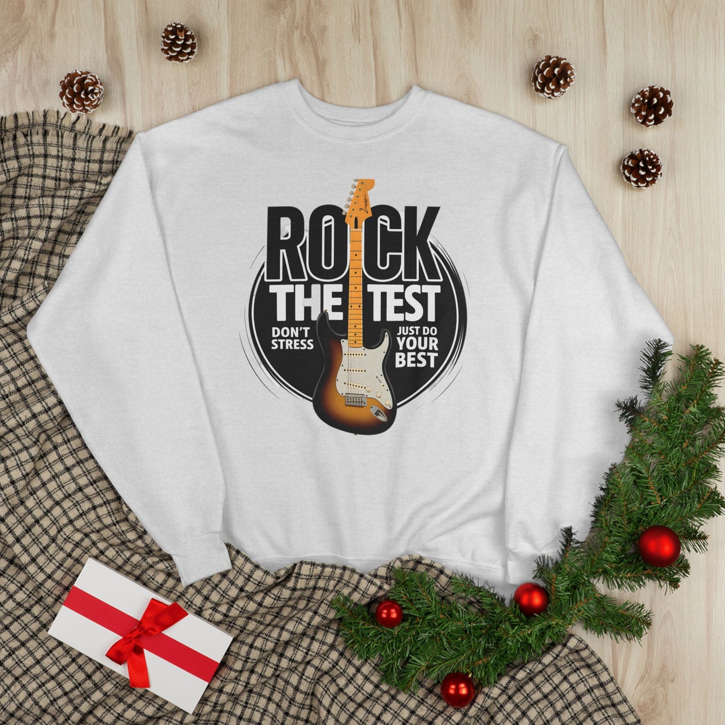 Sweatshirt: Rock the Test, Don't Stress - Eco-Friendly Unisex Crewneck