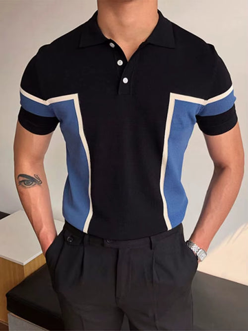 Men's Vintage-Inspired Patchwork Knit Polo Shirt - Casual Short Sleeve Button-Up for Summer Fashion