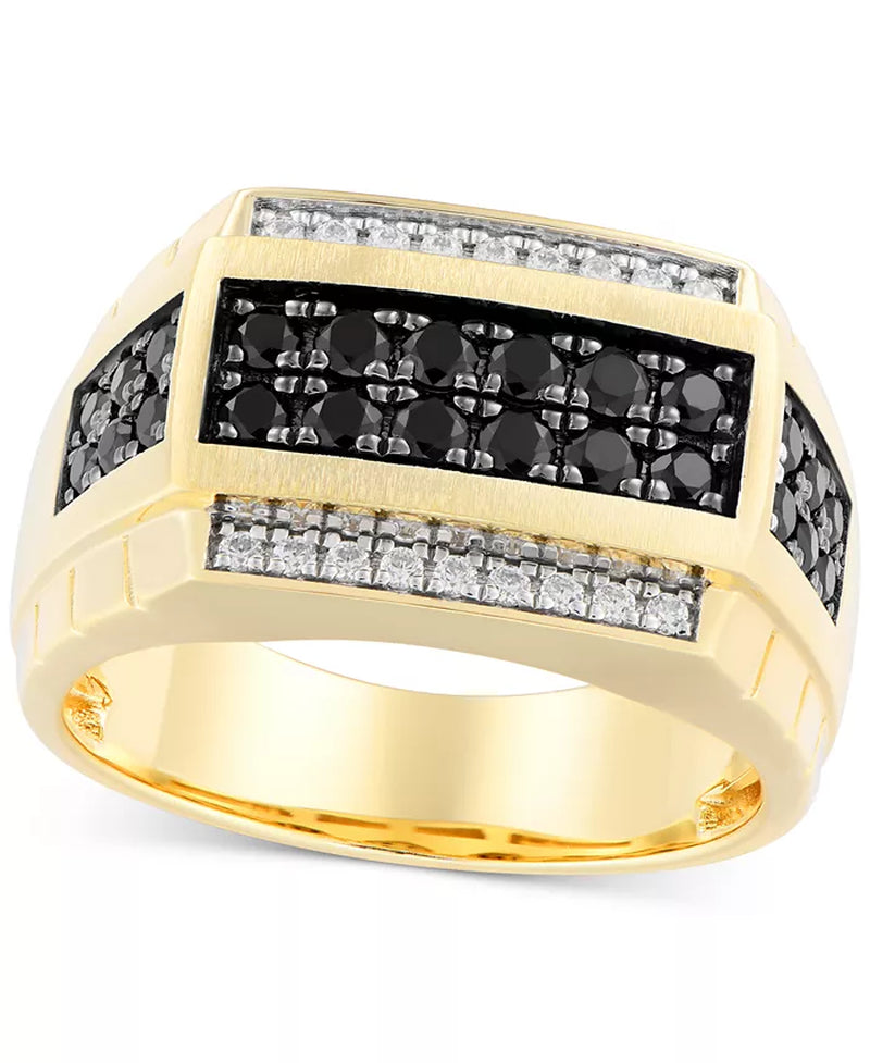 Men's 10K Gold Black and White Diamond Square Cluster Ring (1 Ct. T.W.)