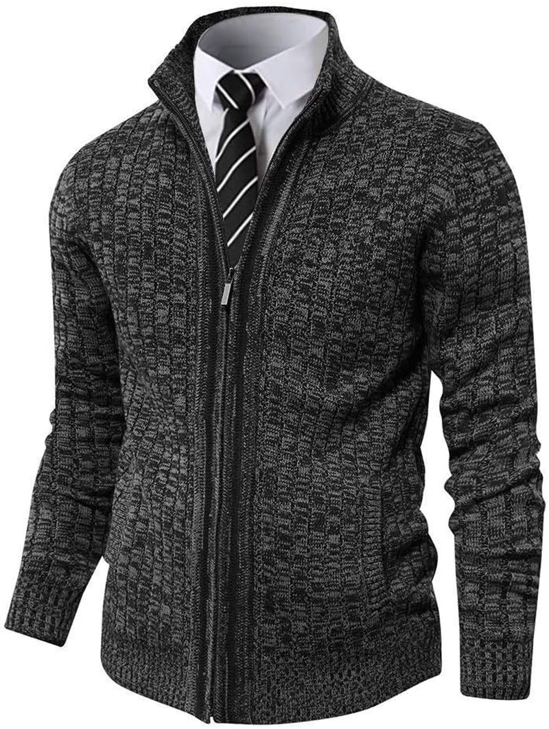 Men's Slim Fit Full Zip Cardigan Sweater with Stand Collar and Dual Front Pockets