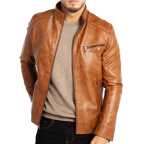 Men's Stand Collar Faux Leather Motorcycle Jacket