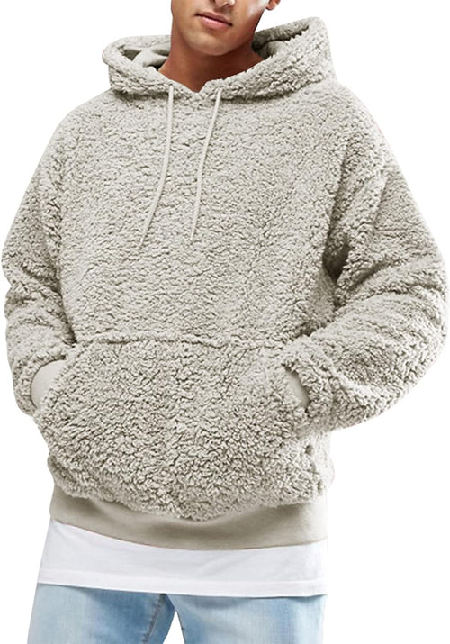 Men's Fuzzy Sherpa Pullover Hoodie with Front Pocket - Long Sleeve Military-Inspired Outerwear for Fall and Winter