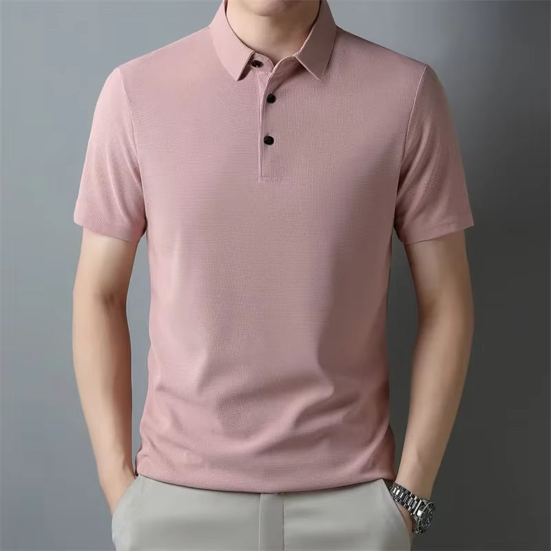 New Men'S Casual Waffle Short Sleeve Polo Shirt Fashion Solid Color Top