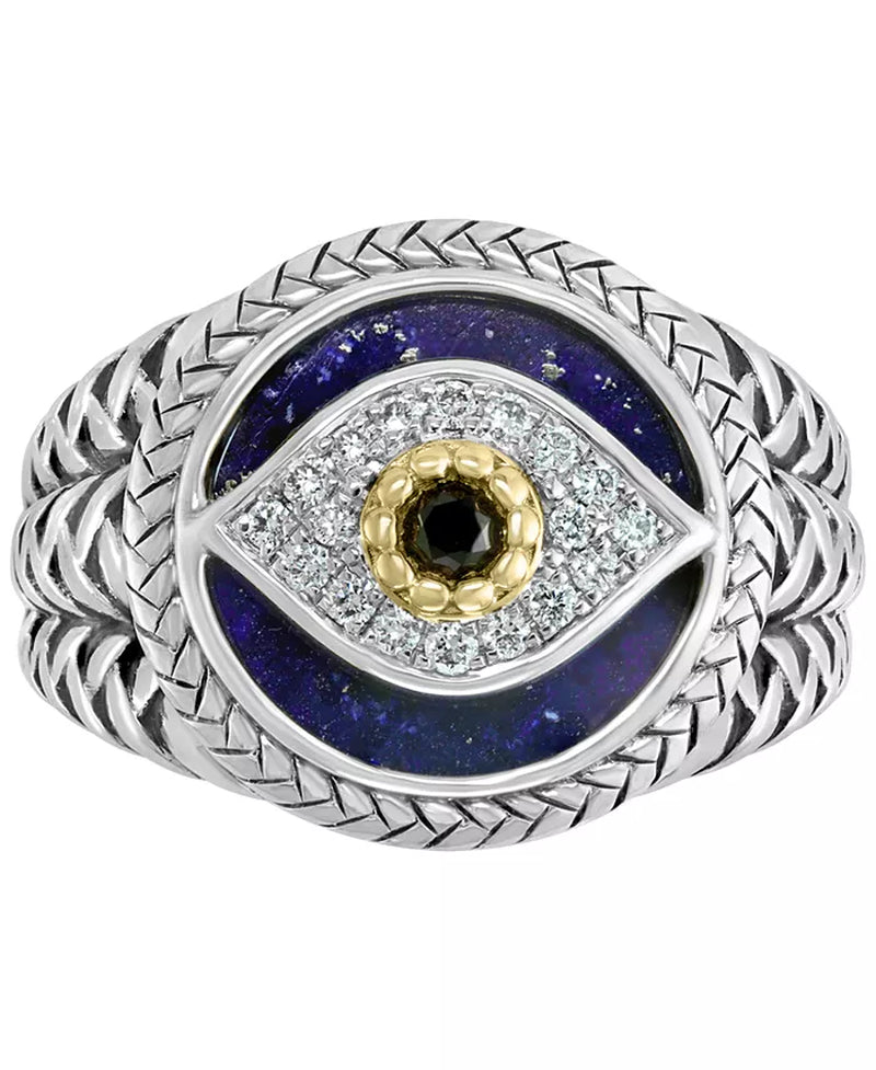 EFFY® Men's Multi-Gemstone and Diamond Evil Eye Ring in Sterling Silver and 14K Gold (1/10 Ct. T.W.)