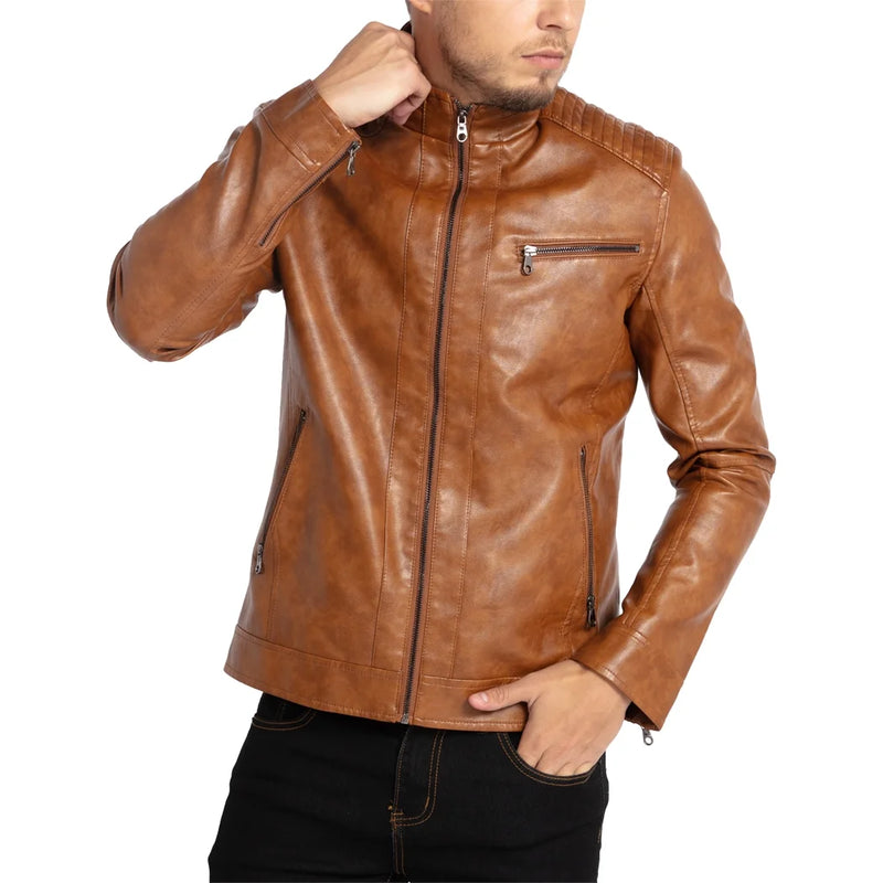 Men's Stand Collar Faux Leather Motorcycle Jacket