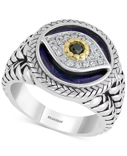 EFFY® Men's Multi-Gemstone and Diamond Evil Eye Ring in Sterling Silver and 14K Gold (1/10 Ct. T.W.)